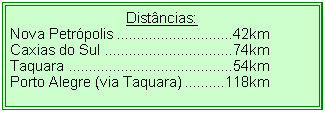 Caixa de Texto: Distâncias:Nova Petrópolis	42kmCaxias do Sul	74kmTaquara	54kmPorto Alegre (via Taquara)	118km